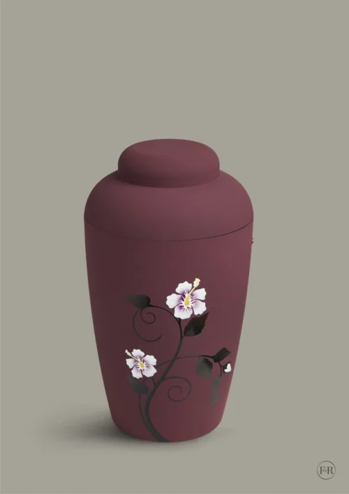 Soft bordeaux miljoevenlig urne med blomst dekoration