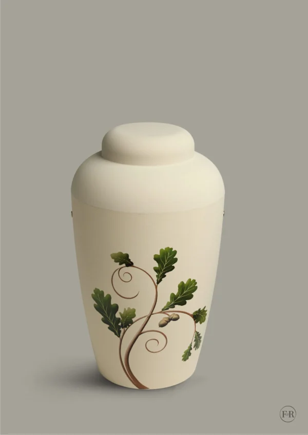 Soft creme miljoevenlig urne med blomst dekoration